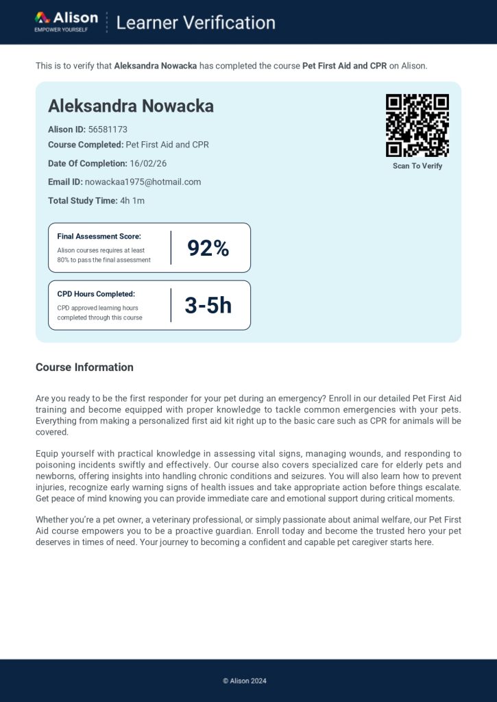 Pet First Aid and CPR Certificate - Aleksandra Nowacka - Score 92%